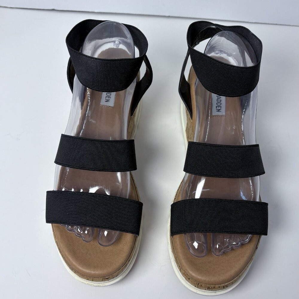 Steve Madden Black Bandi Platform Wedge Strappy Cork Sandal Size 8.5 Casual Boho